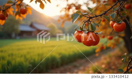 赤く色づいた柿 風景 赤く色づいた柿 風景 133410412