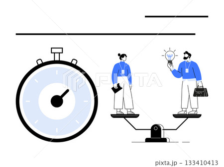 Stopwatch two cartoony professionals on balance scale innovative lightbulb. Ideal for productivity, teamwork, business, equality, time management, ideas, decision-making. Line metaphor Stopwatch two cartoony professionals on balance scale innovative lightbulb. Ideal for productivity, teamwork, business, equality, time management, ideas, decision-making. Line metaphor 133410413