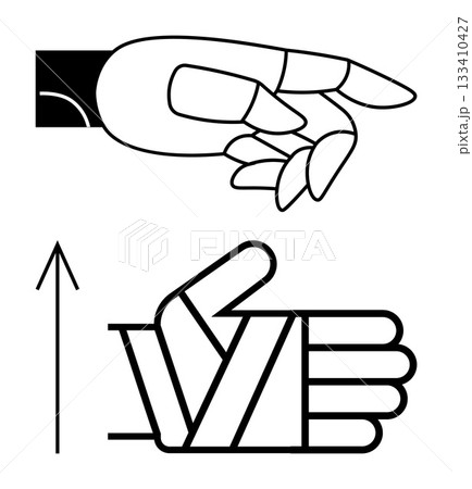 Hand with extended fingers and another hand with wrapped thumb beneath upward arrow. Ideal for medical, instruction, health, safety, emergency, education, signage themes. Line metaphor 133410427