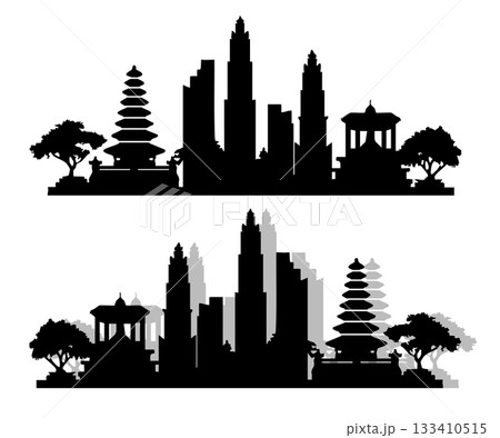 Indonesia City Skyline Silhouette Temple and Modern Building Collection. 133410515
