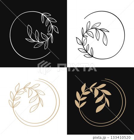 Minimalist circular leaves line art decorative frame set. 133410520