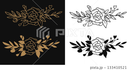 Rose and leaves floral line drawing gold and black bouquet elements collection Rose and leaves floral line drawing gold and black bouquet elements collection 133410521