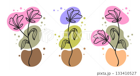 Flowers one continuous line art with abstract pink green and brown shape collection.Vector illustration Flowers one continuous line art with abstract pink green and brown shape collection.Vector illustration 133410527