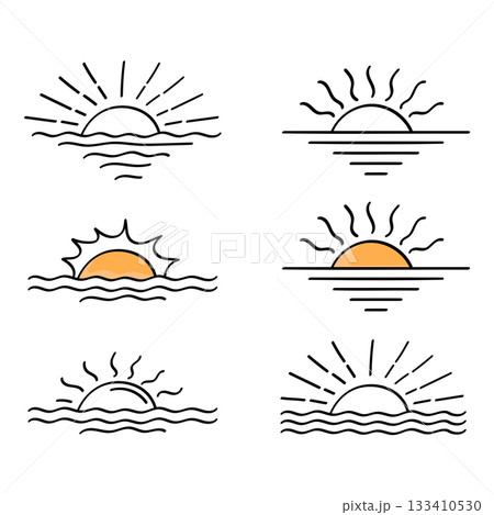 Hand drawn doodle sunset sunrise over ocean colorful sun collection.Vector illustration 133410530