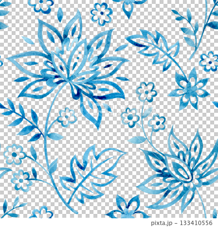 seamless print with watercolor floral ornaments. oriental blue print seamless print with watercolor floral ornaments. oriental blue print 133410556