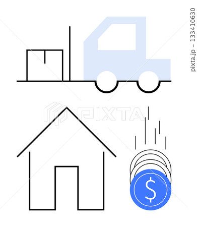 Abstract elements include a truck with a box, house outline, falling coins with dollar signs. Ideal for logistics, delivery services, home economics, real estate, financial savings, money management Abstract elements include a truck with a box, house outline, falling coins with dollar signs. Ideal for logistics, delivery services, home economics, real estate, financial savings, money management 133410630