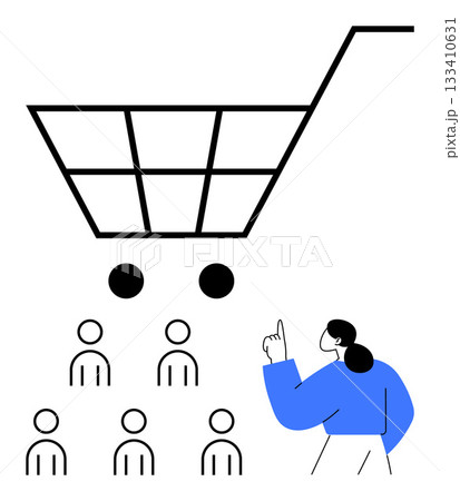 Shopping cart above human icons and a person pointing upward signifies targeting an audience in e-commerce. Ideal for online shopping, marketing, business strategy, customer focus, sales growth Shopping cart above human icons and a person pointing upward signifies targeting an audience in e-commerce. Ideal for online shopping, marketing, business strategy, customer focus, sales growth 133410631