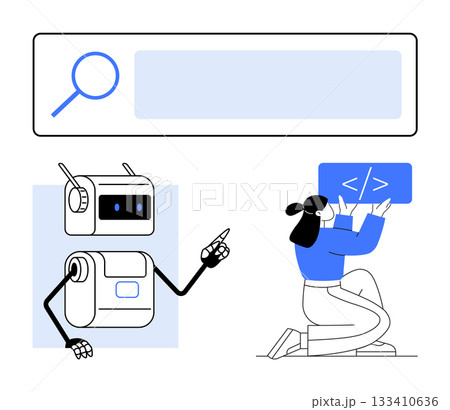 Magnifying glass robot gesturing, kneeling developer holding a coding sign. Ideal for STEM education, AI development, coding, technology, teamwork, search engine optimization, innovation. Line 133410636