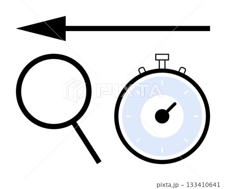 Arrow pointing left magnifying glass and stopwatch symbolize direction inquiry, and time management. Ideal for research, analysis, goals, efficiency, navigation, time tracking. Line metaphor Arrow pointing left magnifying glass and stopwatch symbolize direction inquiry, and time management. Ideal for research, analysis, goals, efficiency, navigation, time tracking. Line metaphor 133410641
