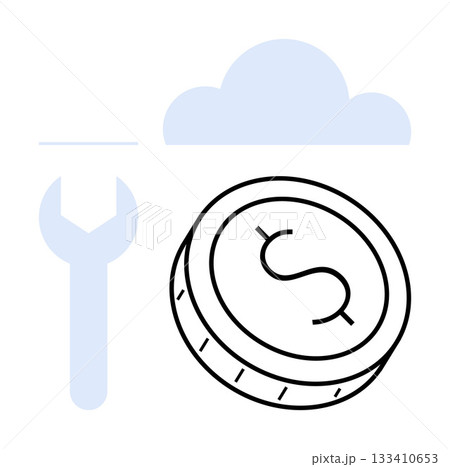 Wrench, coin featuring dollar sign, and cloud conveying maintenance, financial management, technology, online services, cloud computing, system integration business operations. Line metaphor 133410653
