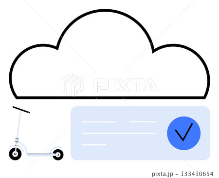 Large cloud outline with an electric scooter and blue checkmark overlayed on a light blue rectangular label. Ideal for technology, e-mobility, cloud services, digital security, transportation, modern 133410654