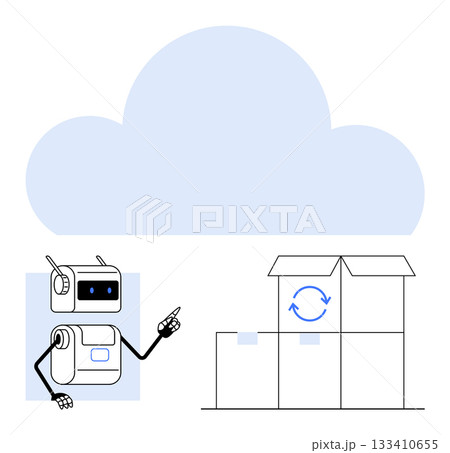 Robot pointing to open boxes with cloud in background. Ideal for automation, cloud storage, logistics, technology, innovation, digitalization, supply chain. Line metaphor Robot pointing to open boxes with cloud in background. Ideal for automation, cloud storage, logistics, technology, innovation, digitalization, supply chain. Line metaphor 133410655