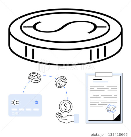 Digital payment involving card to coin transfer, hand receiving coin, and signed document. Ideal for finance, banking, e-commerce, online transactions, mobile payments, financial agreements 133410665