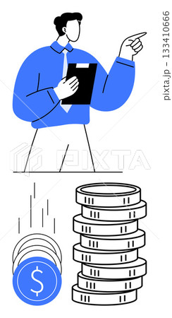 Businessman with clipboard pointing towards stacked coins and falling coin symbols. Ideal for financial planning, investment strategies, business growth, economic analysis, savings plans, income 133410666