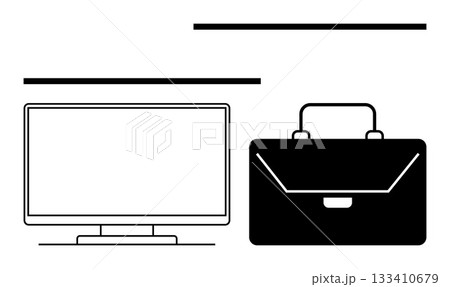 Desktop computer monitor next to a briefcase with horizontal lines. Ideal for business, finance, office, professional work, corporate, technology, and modern workplace themes. Line metaphor 133410679