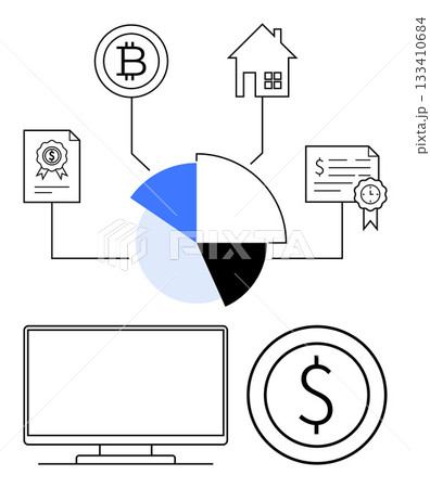 Financial pie chart connected to cryptocurrency, real estate, and documents. Sections include Bitcoin, home, certificates, dollar, and computer. Ideal for finance investment real estate 133410684