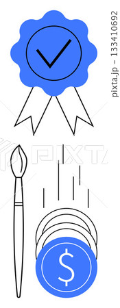 Blue ribbon with checkmark, paintbrush, and stack of coins. Ideal for art quality, creativity, financial success, awards, achievements recognition marketing. Line metaphor 133410692