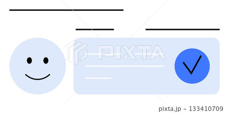 Happy face icon next to a rectangular text box containing a blue checkmark. Ideal for user approval, verification, satisfaction, validation, feedback, quality assurance, and positive review themes 133410709