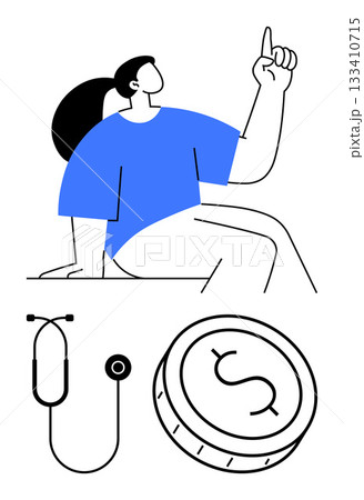 Sitting medical professional with raised hand gesture, stethoscope, and coin with dollar sign. Ideal for healthcare costs, financial advice, medical consultations, health insurance, budgeting Sitting medical professional with raised hand gesture, stethoscope, and coin with dollar sign. Ideal for healthcare costs, financial advice, medical consultations, health insurance, budgeting 133410715