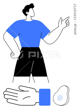 Confident figure pointing, outstretched hand, and abstract shape. Ideal for themes of confidence, direction, communication, guidance, leadership teamwork and innovation. Blue and black color Confident figure pointing, outstretched hand, and abstract shape. Ideal for themes of confidence, direction, communication, guidance, leadership teamwork and innovation. Blue and black color 133410717