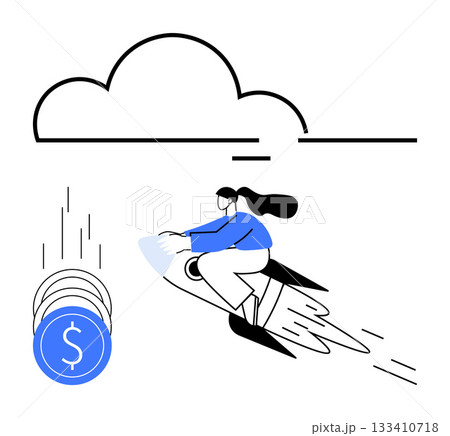 Woman riding rocket towards falling dollar coins under a cloud. Ideal for entrepreneurship, startup success, financial growth, business goals, ambition, innovation, economic advancement. Line Woman riding rocket towards falling dollar coins under a cloud. Ideal for entrepreneurship, startup success, financial growth, business goals, ambition, innovation, economic advancement. Line 133410718