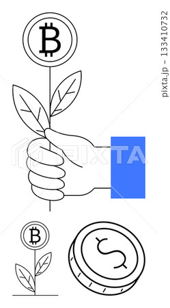Hand holding plant with Bitcoin sign as leaves, alongside a sprouting plant and a traditional coin. Ideal for financial growth, cryptocurrency, digital assets, investment strategies, fintech 133410732
