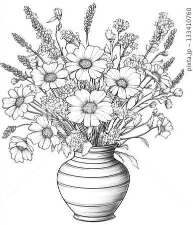 Flower bouquet in vase coloring page illustration Flower bouquet in vase coloring page illustration 133410760