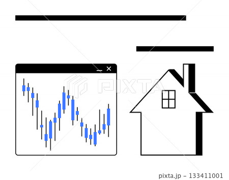 Candlestick stock chart inside a window next to a house icon. Ideal for real estate, investment, economics, property market analysis, financial growth, housing trends, portfolio management. Line 133411001