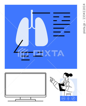 Doctor pointing at a lung diagram with detailed annotations during an online medical session via a computer screen. Ideal for medical education, healthcare training, respiratory studies Doctor pointing at a lung diagram with detailed annotations during an online medical session via a computer screen. Ideal for medical education, healthcare training, respiratory studies 133411014