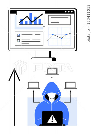 Hooded figure with alert sign on laptop, connected to multiple computers. Monitor displaying graphs and charts. Ideal for cybersecurity, data protection, hacking, IT risk, technology analysis, online Hooded figure with alert sign on laptop, connected to multiple computers. Monitor displaying graphs and charts. Ideal for cybersecurity, data protection, hacking, IT risk, technology analysis, online 133411015