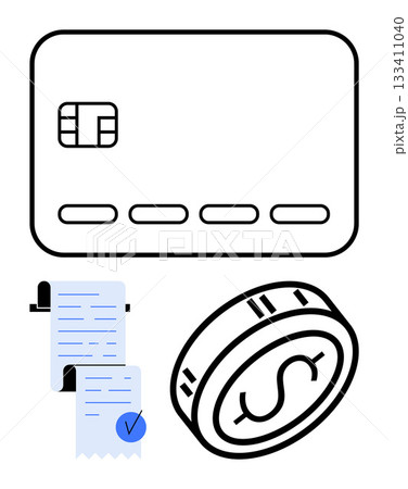 Credit card, detailed receipt with checkmark, and coin with dollar sign. Ideal for finance, banking, e-commerce, budgeting, payments online transactions and bookkeeping. Line metaphor 133411040