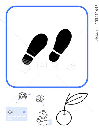 Black footprints, a credit card, coins, a hand, and a growing plant. Ideal for finance, savings, investments personal finance financial planning growth strategy startup success. Line metaphor Black footprints, a credit card, coins, a hand, and a growing plant. Ideal for finance, savings, investments personal finance financial planning growth strategy startup success. Line metaphor 133411042