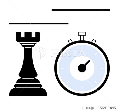 Chess rook beside a stopwatch with two horizontal lines above. Ideal for strategy, time management, chess, competition, decision-making, planning, precision. Line metaphor Chess rook beside a stopwatch with two horizontal lines above. Ideal for strategy, time management, chess, competition, decision-making, planning, precision. Line metaphor 133411043
