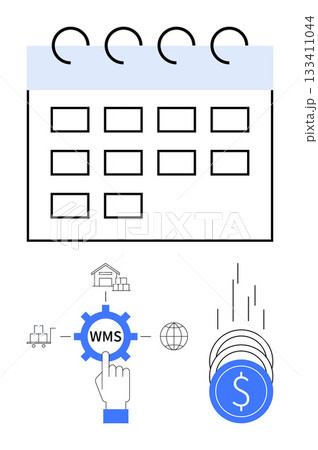 Calendar and icons with logistics, warehouse, and monetary elements. Ideal for planning, logistics, inventory management, financial planning, time management, e-commerce and business strategies Calendar and icons with logistics, warehouse, and monetary elements. Ideal for planning, logistics, inventory management, financial planning, time management, e-commerce and business strategies 133411044