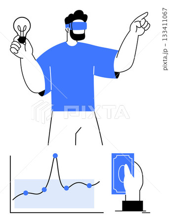 Man in VR headset holding a light bulb and pointing graph with trend line and hand with currency. Ideal for technology, innovation, finance, data, virtual reality, creativity, growth. Line metaphor 133411067