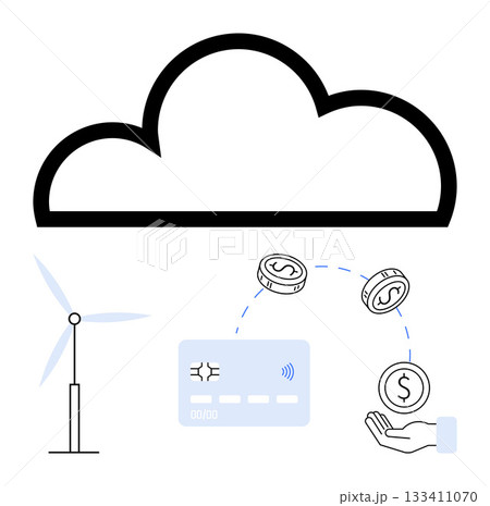 Cloud, wind turbine, credit card, hands, money coins for payment. Ideal for technology, finance, renewable energy eco-friendly cloud services digital transactions and futurism. Line metaphor 133411070