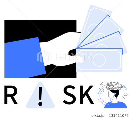 Hand holds three bills, RISK text with exclamation mark, stressed person with swirling thoughts. Ideal for finance, decision-making, stress, business, economic warnings, risk assessment investments 133411072