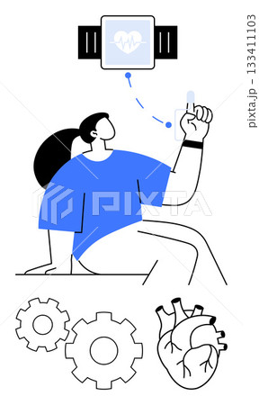 Person using handheld device paired with smartwatch, gear icons representing technology and heart symbol. Ideal for healthcare, fitness tracking, medical technology, wellness promotion, digital 133411103