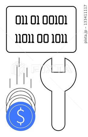 Binary code display, falling coins with dollar signs, and a wrench. Ideal for fintech, cryptocurrency, financial technology, coding, investment economic repair tech services. Line metaphor Binary code display, falling coins with dollar signs, and a wrench. Ideal for fintech, cryptocurrency, financial technology, coding, investment economic repair tech services. Line metaphor 133411117
