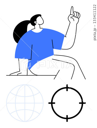 Person raising index finger wearing a blue shirt. Below, a globe and target circle. Ideal for focus, goal-setting, global reach, direction, vision organization and strategy. Line metaphor 133411122