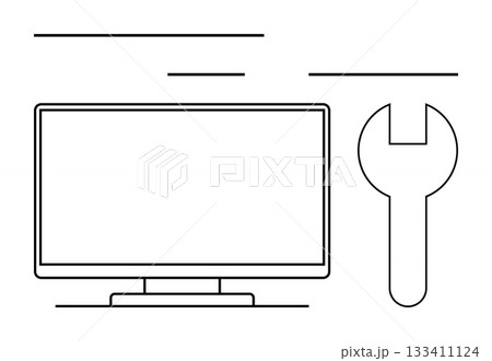 Computer monitor beside a large wrench. Ideal for technical support, IT services, computer repair, system maintenance, software updates, hardware troubleshooting, customer service. Line metaphor Computer monitor beside a large wrench. Ideal for technical support, IT services, computer repair, system maintenance, software updates, hardware troubleshooting, customer service. Line metaphor 133411124