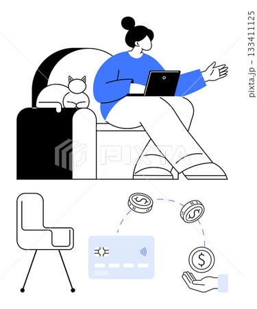 Woman working on laptop, animatedly discussing, cat sleeping on couch. Contactless payment process, chair. Ideal for remote work, e-commerce, digital communication, contactless transactions pet 133411125