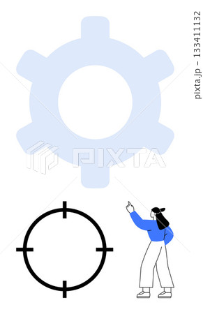 Large light blue gear, black targeting symbol, and a person pointing upward. Ideal for themes of mechanics, targeting, goal setting, technology, strategy navigation and guidance. Line metaphor 133411132