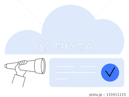 Hand holding a telescope looking at a cloud and a document with a blue check mark. Ideal for exploration, aspirations, vision, cloud technologies, goal achievement, data verification, future 133411133