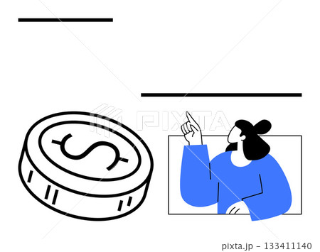 Woman in blue shirt points upward beside a large coin with a dollar symbol. Ideal for finance, investment, savings, economics, money management, budget planning, financial advice. Line metaphor Woman in blue shirt points upward beside a large coin with a dollar symbol. Ideal for finance, investment, savings, economics, money management, budget planning, financial advice. Line metaphor 133411140