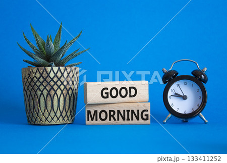 Good Morning symbol. Concept word Good Morning on wooden blocks. Beautiful blue background with alarm clock and succulent plant. Business and Good Morning concept. Copy space 133411252
