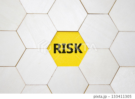 Risk symbol. Concept word Risk on wooden comb puzzle. Beautiful yellow background. Business and Risk concept. Copy space. 133411305