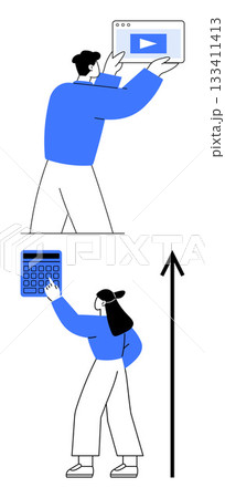 People interacting with digital devices calculator and upward arrow. Ideal for technology, progress, teamwork, innovation, learning, finance, growth. Line metaphor People interacting with digital devices calculator and upward arrow. Ideal for technology, progress, teamwork, innovation, learning, finance, growth. Line metaphor 133411413