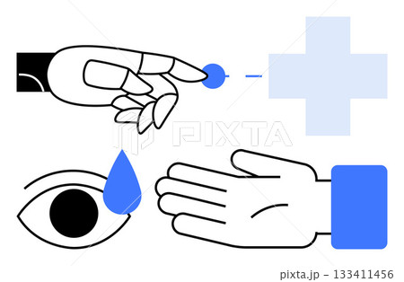Human hand touching screen, eye with drop, open palm, blue cross. Ideal for healthcare, medical technology, digital touch, vision care hand safety support services and treatment concepts. Line Human hand touching screen, eye with drop, open palm, blue cross. Ideal for healthcare, medical technology, digital touch, vision care hand safety support services and treatment concepts. Line 133411456