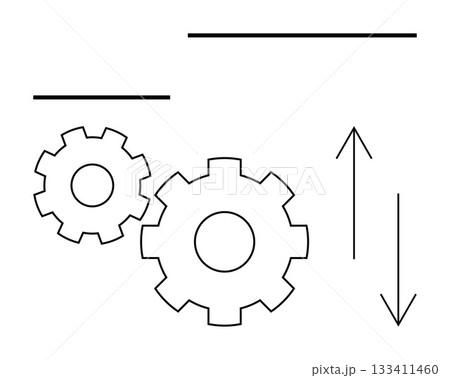 Two interlocking gears and upward-downward arrows signify mechanical interaction and movement dynamics. Ideal for engineering, automation, process design, manufacturing, workflow optimization 133411460